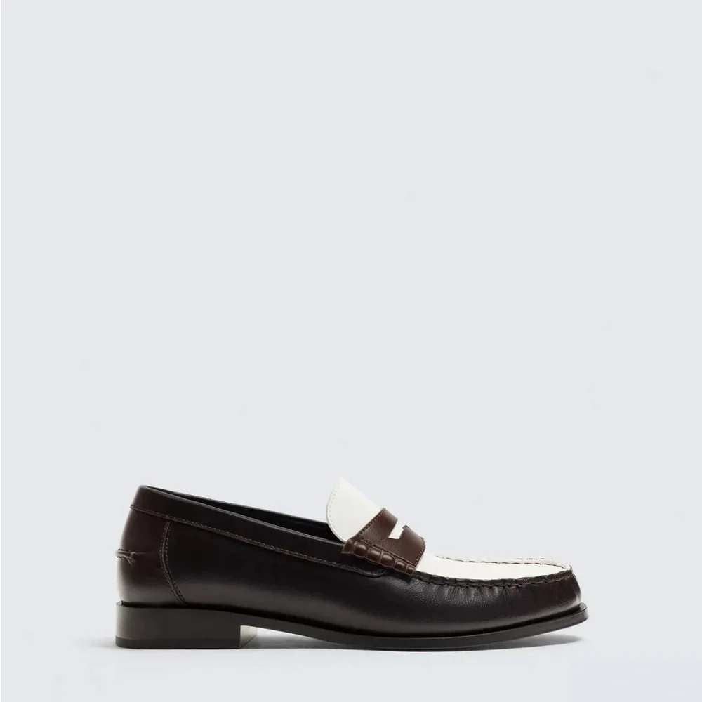 Zara Leather Two Tone Penny Loafers Brown White Preppy Old Money NWT 41 EU 8 US